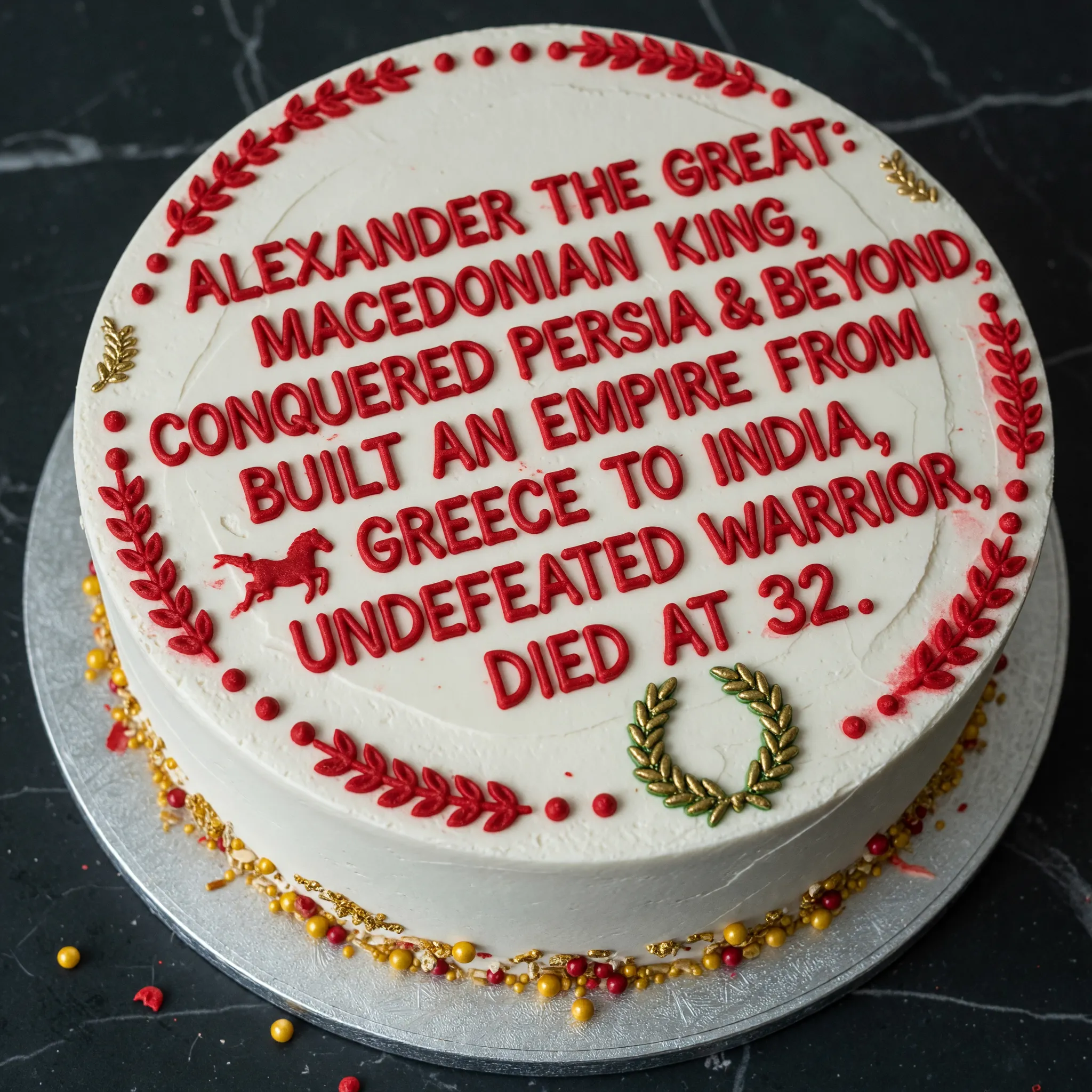 White frosted cake with red frosting text about Alexander the Great