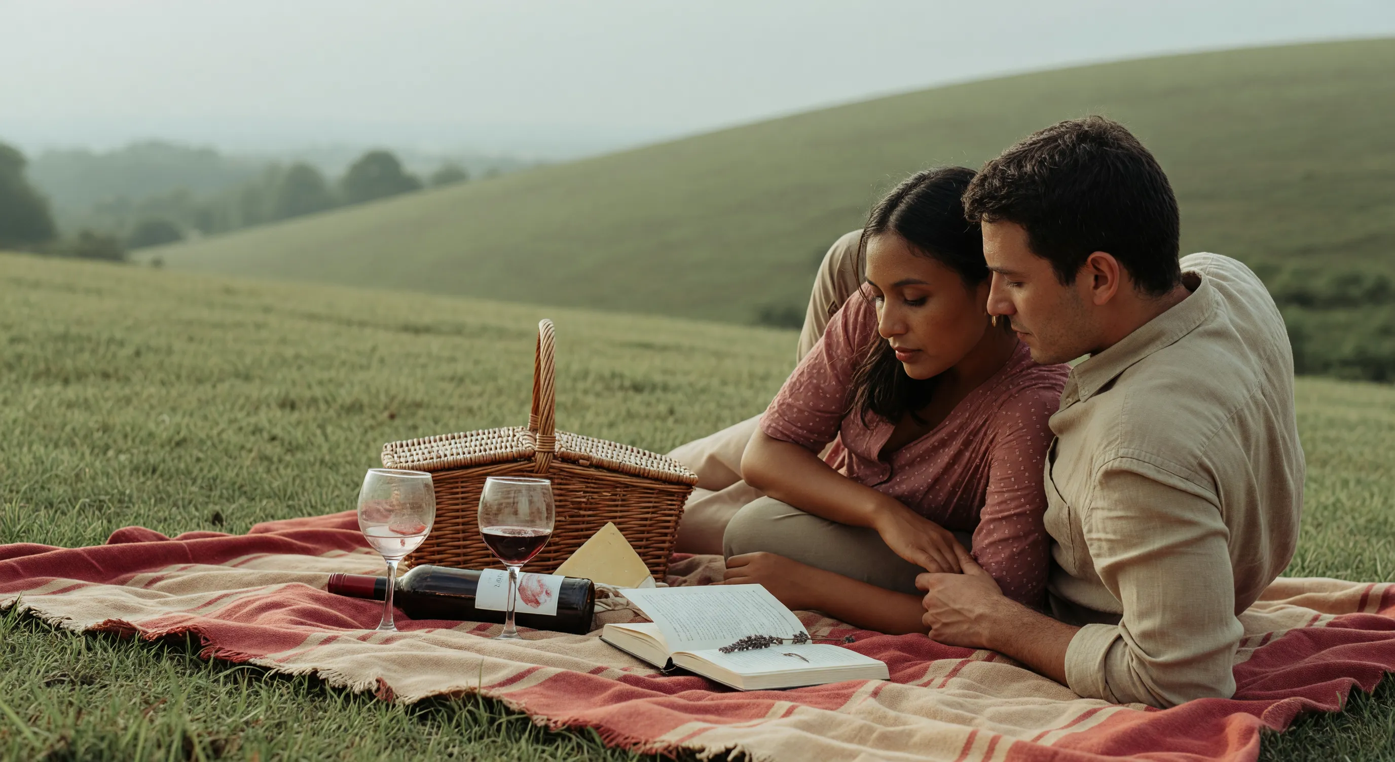 Cinematic shot of a couple on a picnic blanket on a hill