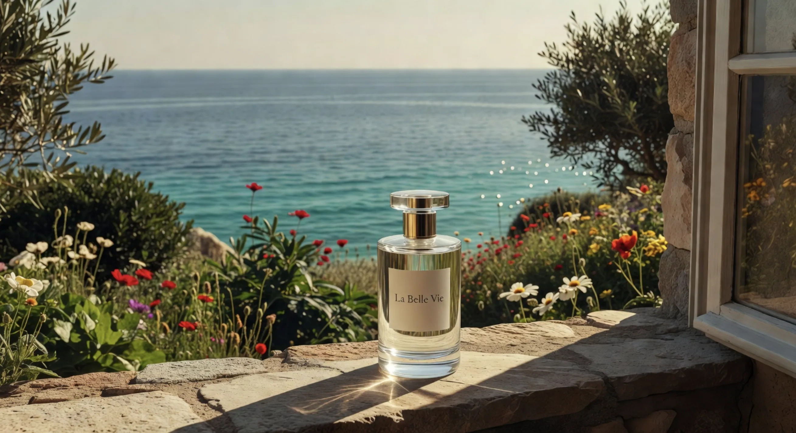 La Belle Vie perfume bottle on stone villa window