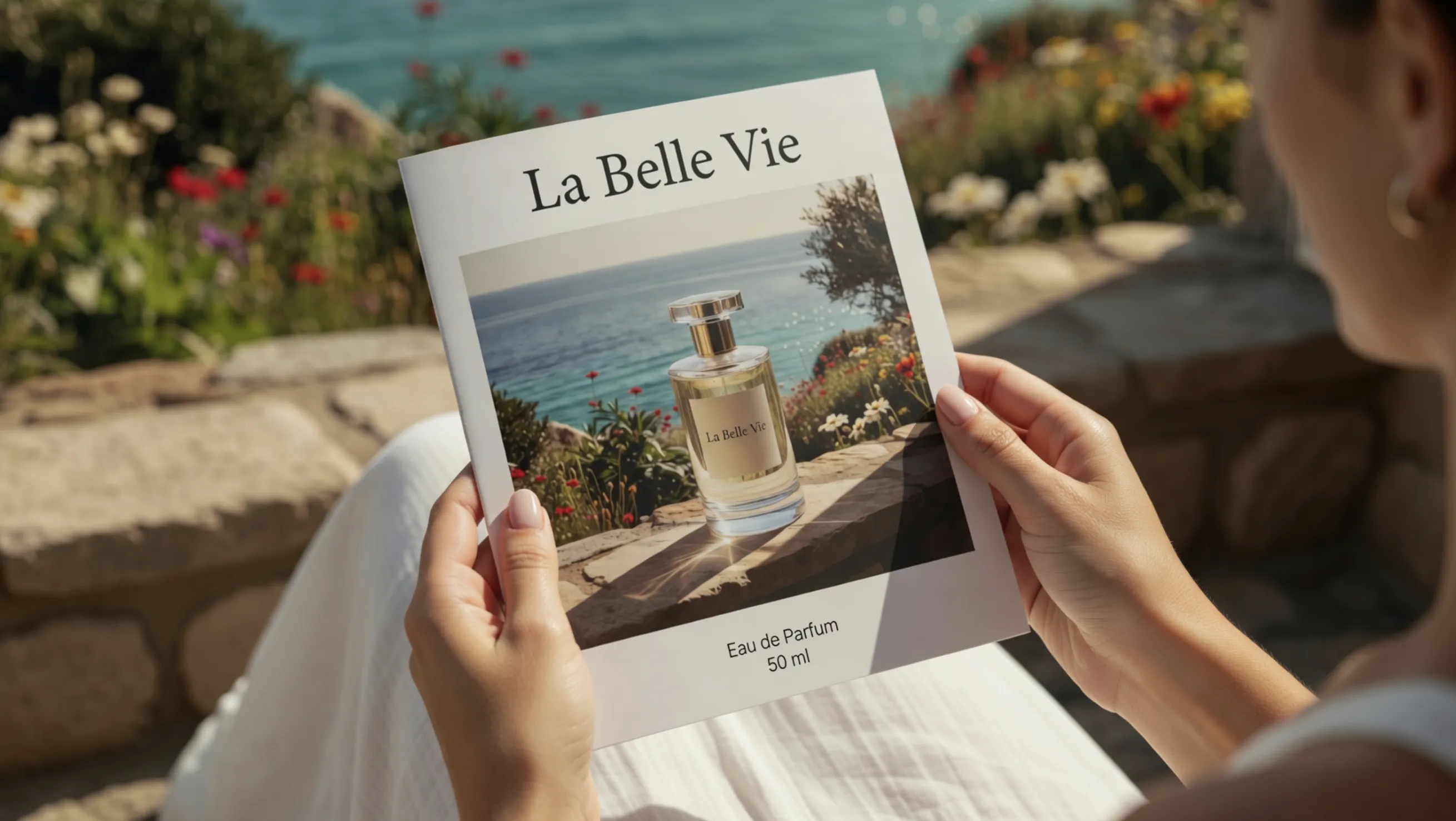 Perfume bottle on print pamphlet POV