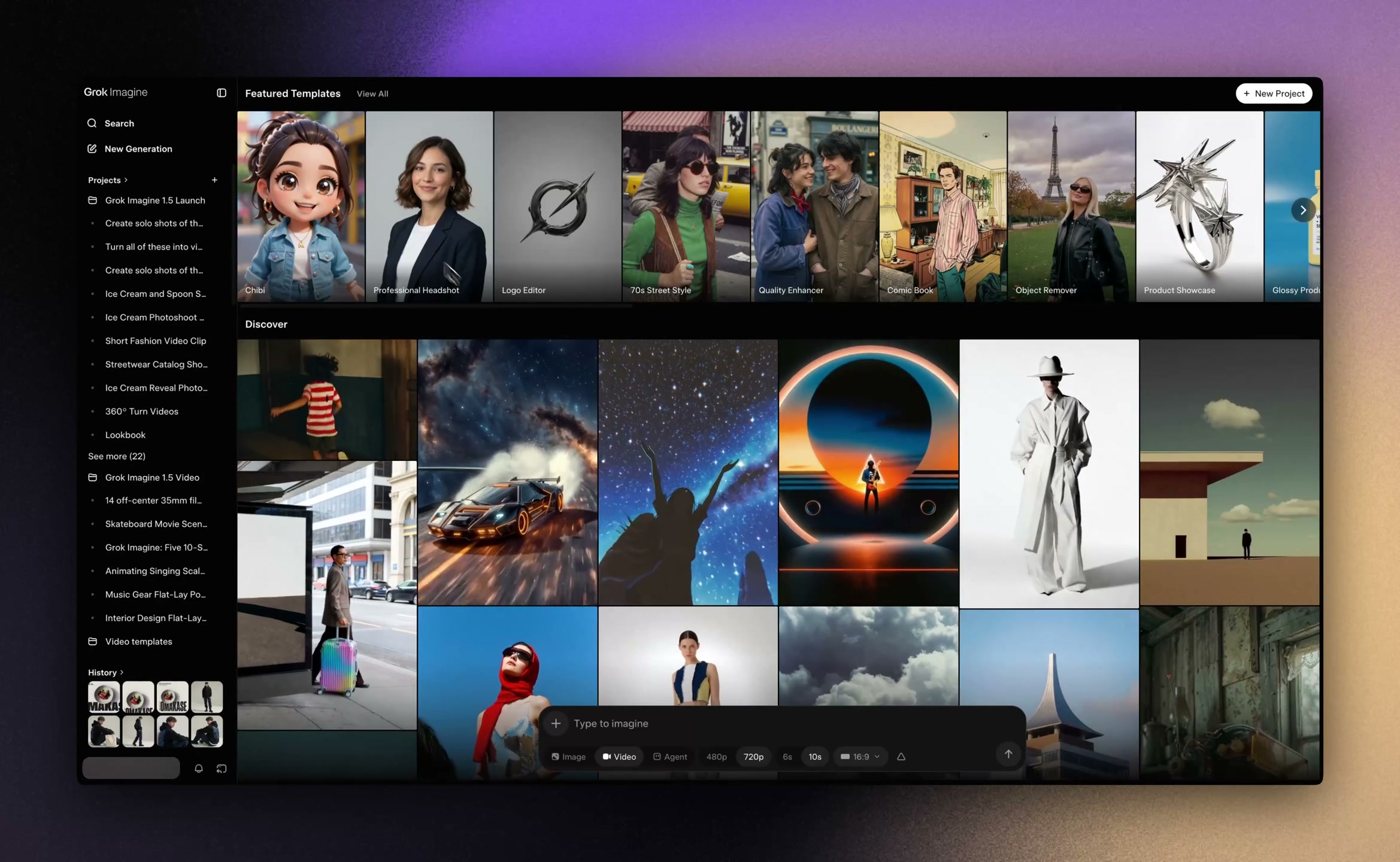 Official Grok Imagine desktop interface showing image generation templates and creative workspace