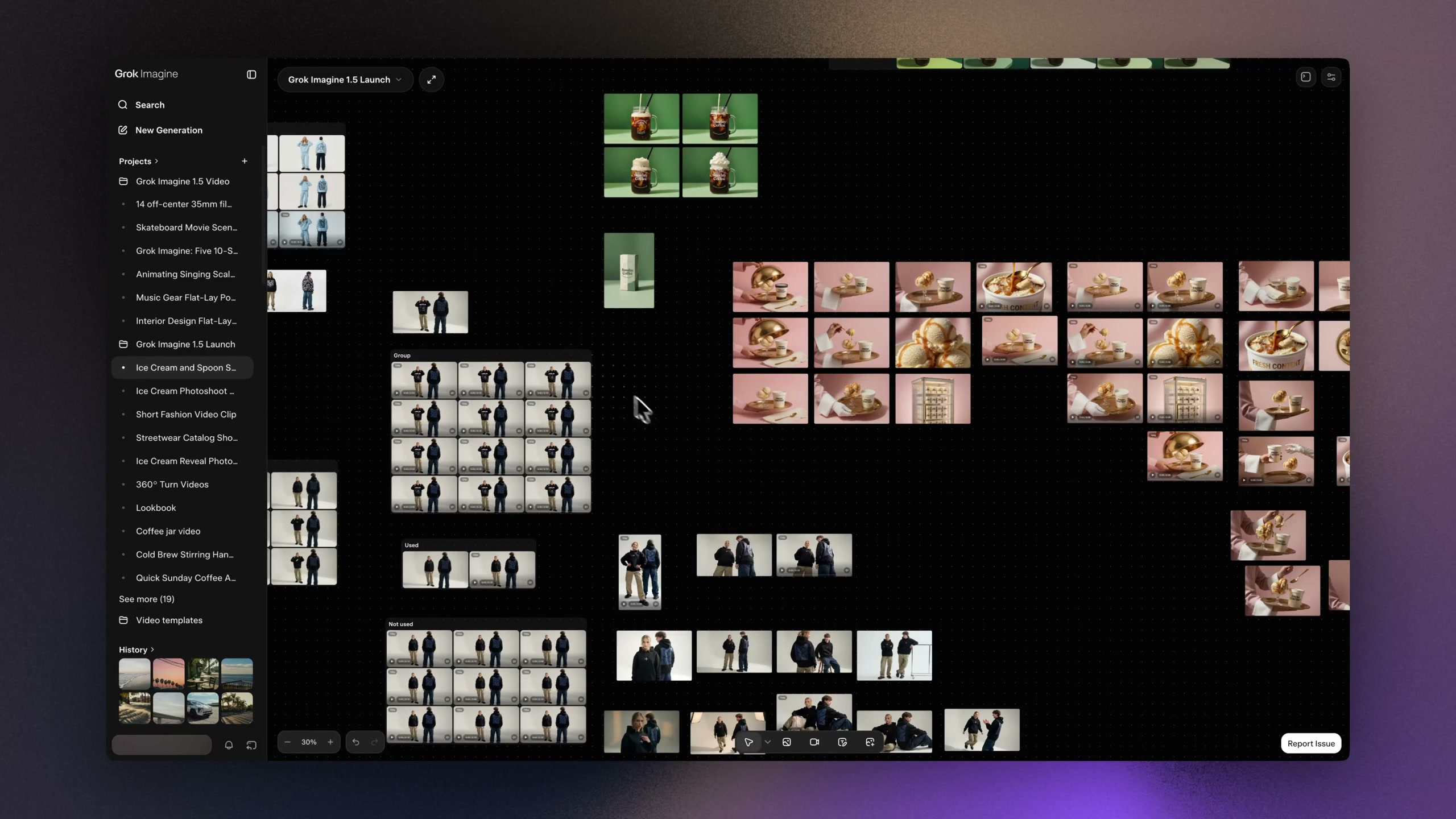 Official Grok Imagine project workspace showing previously generated images and project navigation